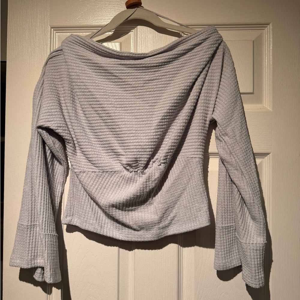 Free People Off-Shoulder Ribbed Top - Light Gray Blue